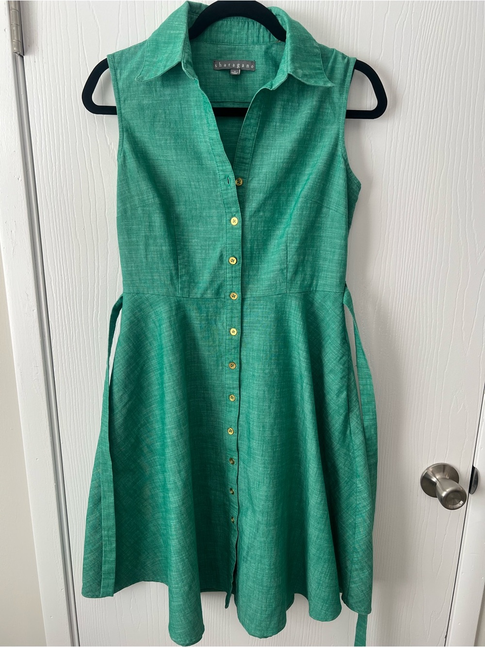 Sharagano Sleeveless Teal-Green Button Front Midi Dress
